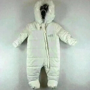 Weatherproof Hooded Baby Snowsuit Sz 6-9 Months Cream Leopard Fleece Lining
